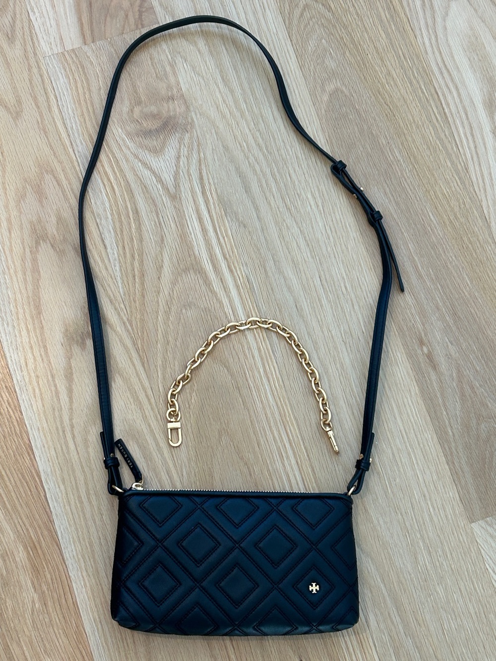NWOT Tory Burch Fleming Small Bag Black Genuine Leather Two Detachable Straps